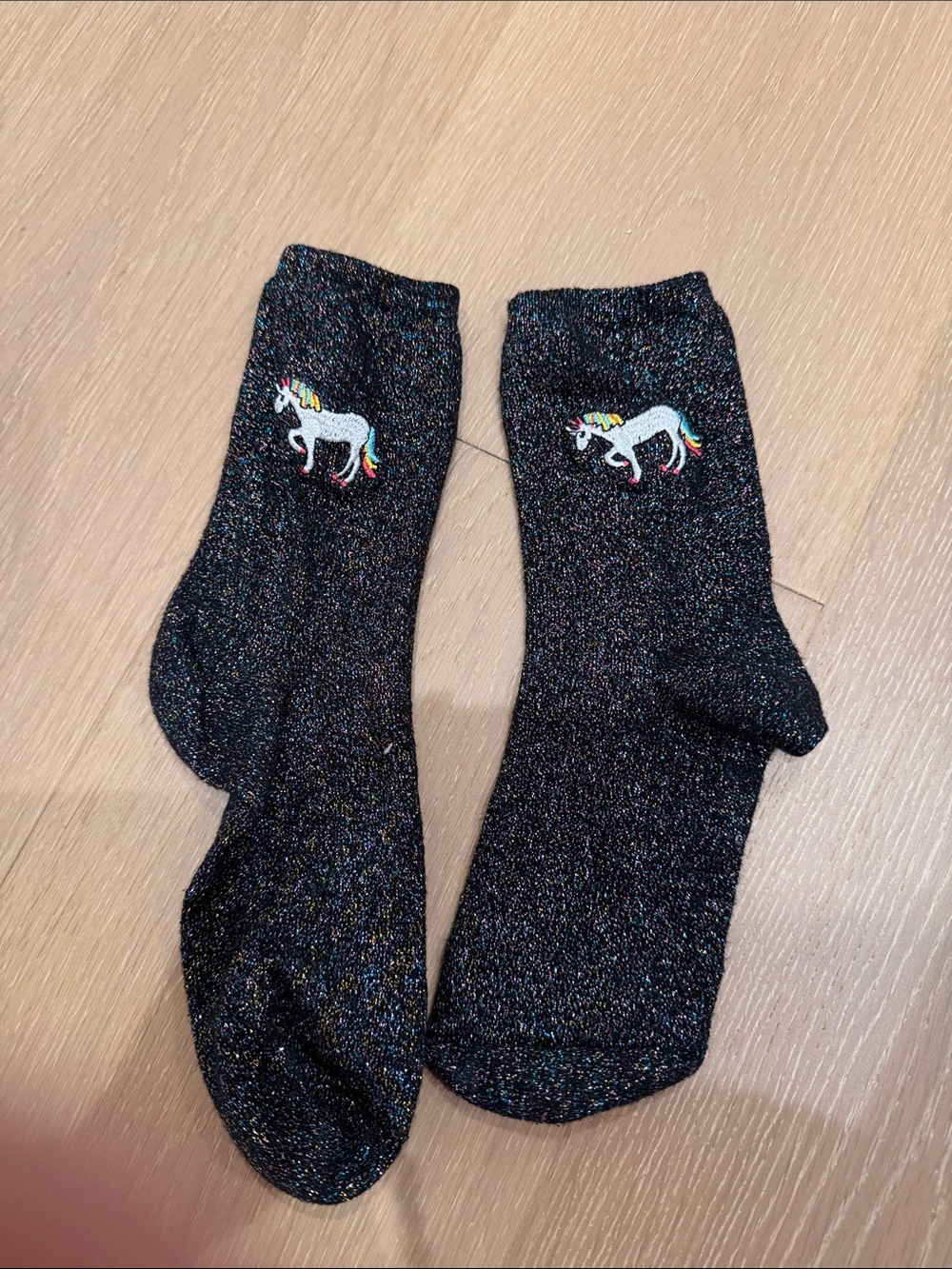 Black Glitter Crew Socks with Rainbow Unicorn Embroidery